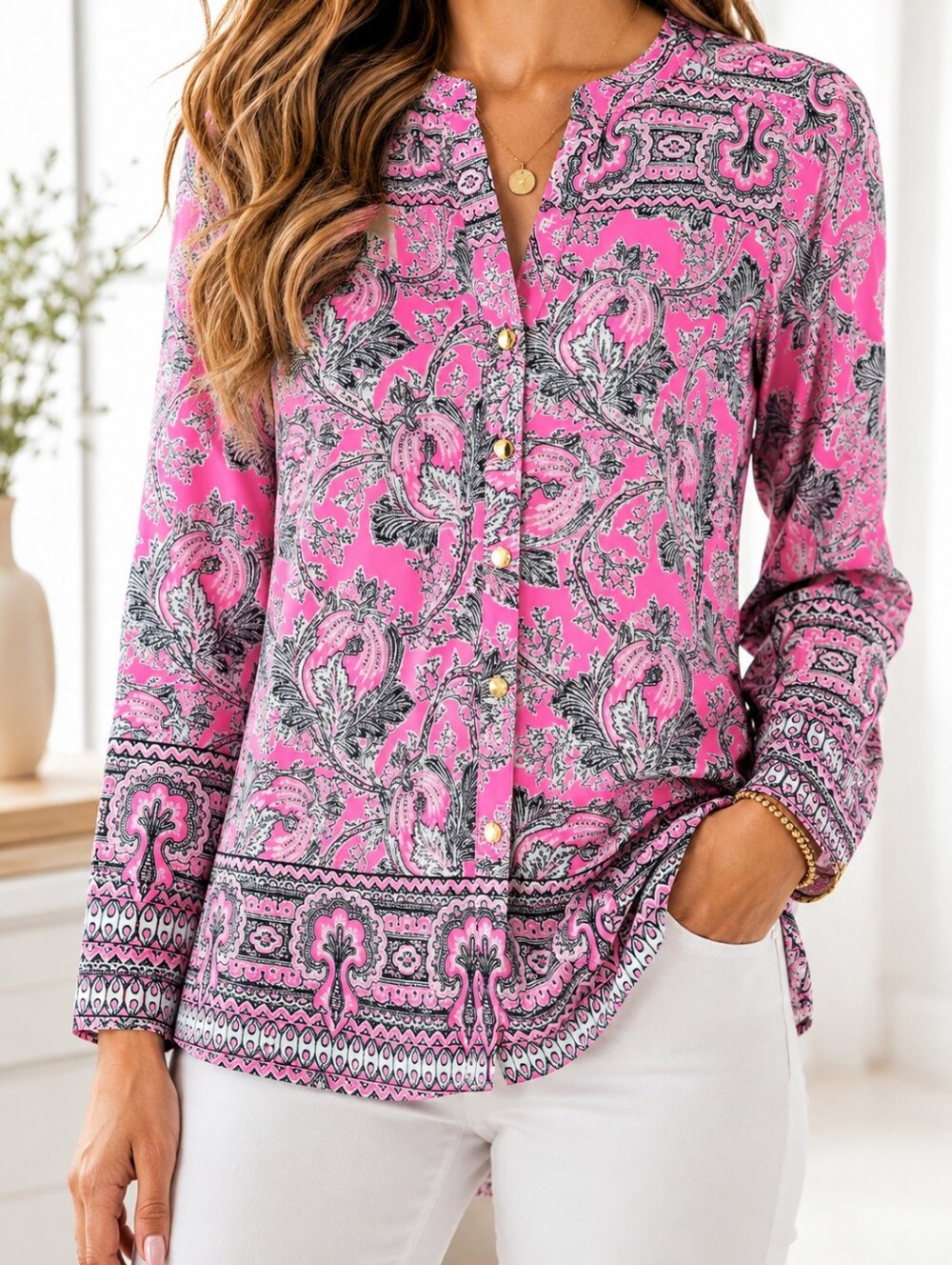 Calvin Klein Paisley Print Blouse Pink Black Gold Button Tunic Top